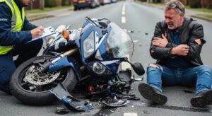 Close-up of a motorcycle and rider after a crash, showing damages with an investigator