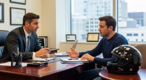 Motorcycle accident lawyer consulting with a client in an office setting about their case