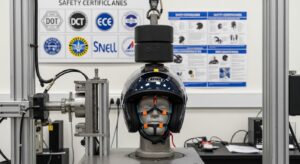 Motorcycle helmet testing with safety measures and certifications displayed