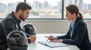 Motorcycle rider speaking with an insurance agent to discuss coverage after an accident