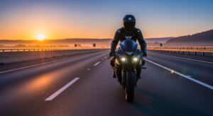 Motorcycle rider wearing a full-face helmet, riding on a highway at sunrise