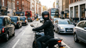 Motorcyclist checking mirrors and blind spots while riding through city traffic