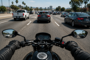 Motorcyclist keeping safe distance from other vehicles on a busy road