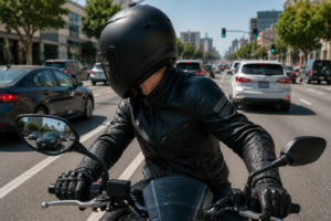 California highway showing motorcycles lane splitting safely between lanes of traffic