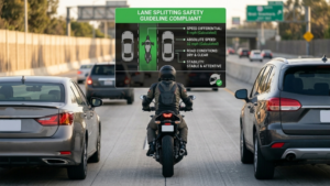 Motorcycle rider following lane splitting safety guidelines, wearing helmet and protective gear