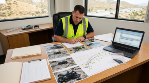 Accident reconstruction specialist reviewing motorcycle collision evidence