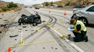 Motorcycle accident reconstruction evidence showing vehicle damage and tire marks
