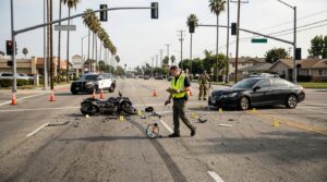 Investigator documenting evidence after a motorcycle intersection crash