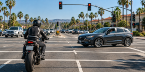Motorcyclist approaching a left-turning vehicle at a busy intersection